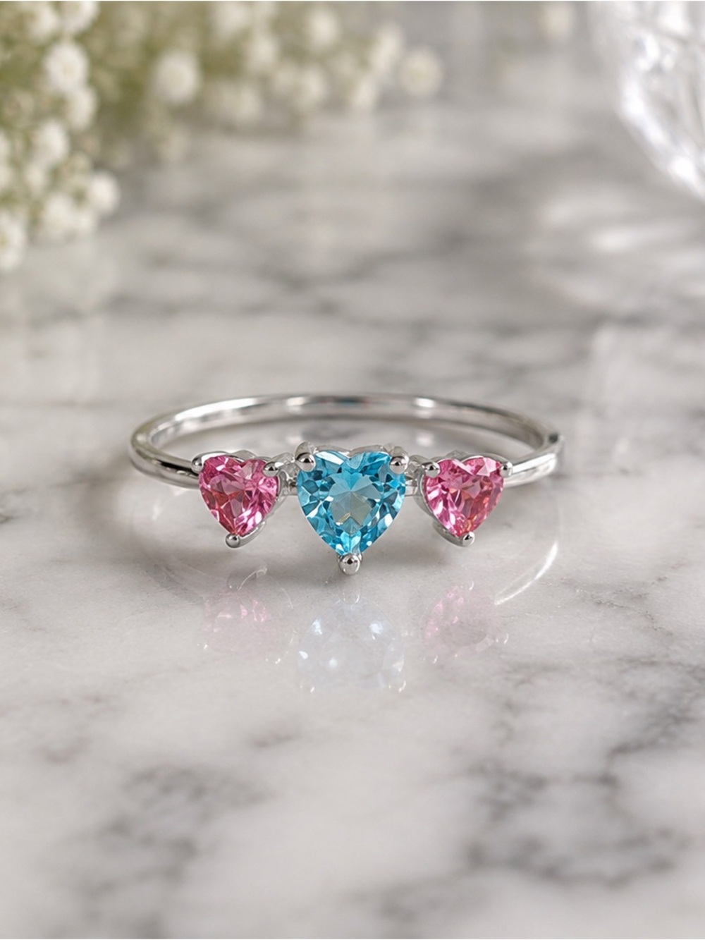 18K White Gold Filled Blue & Pink Heart CZ Ring  NWOT size 8. Promise ring